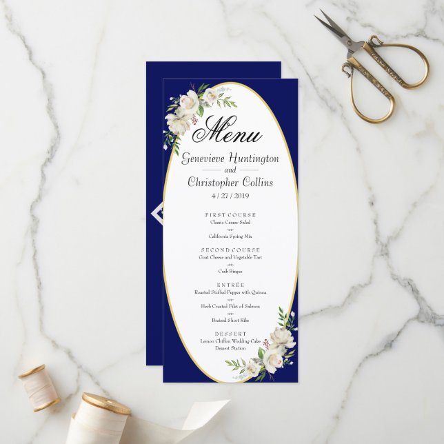Menu de Recepção de casamento Floral Azul Elegante (Frente/Verso In Situ)