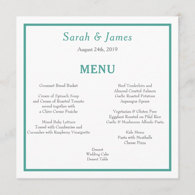 Menu de Recepção de casamento Mínima do Teal e da  (Frente)