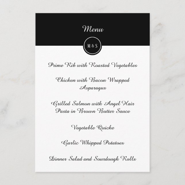 Menu de Recepção de casamento preto e branco cláss (Frente)