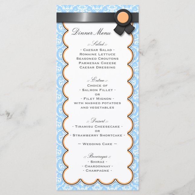 Menu de Recepção de Casamento tema damasco Laranja (Frente)