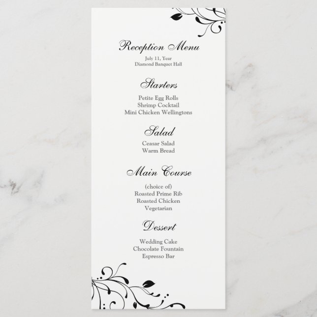 Menu de Recepção Decal Floral Preto e Branco (Frente)