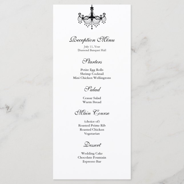 Menu de recepção do candelabro preto e branco (Frente)