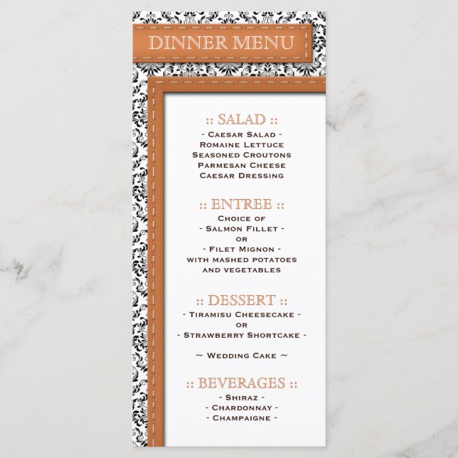 Menu de Recepção do Casamento tema damasco com Tít (Frente)