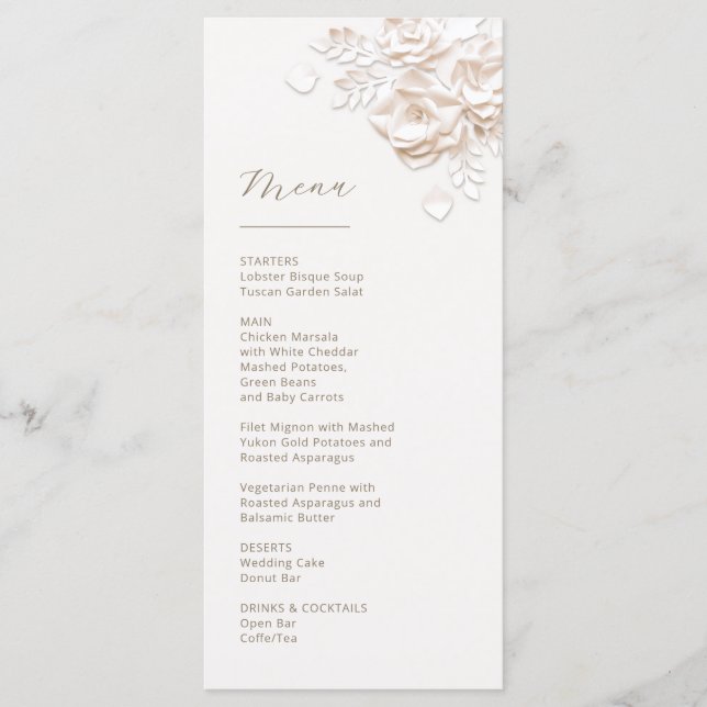 Menu de Rosas Bege Marfim em Corte de Papel 3D (Frente)