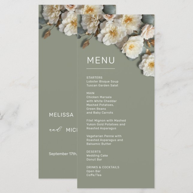 Menu de Rosas Brancas 3D em Verde Salvia (Frente/Verso)