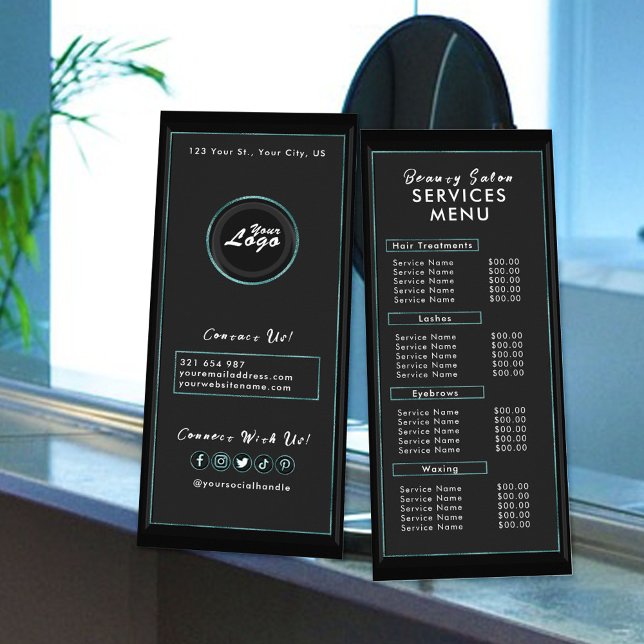 Menu de Salão Moderno Simples Preto Teal Profissio (Criador carregado)