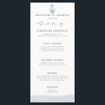 Menu de Script Náutico de Seashell Moderno Elegant<br><div class="desc">Menu de Casamento do Script Náutico de Seashell, Elegante moderno, com sombras de cinzas azuis e de argila de espuma do mar. Há uma garrafa de aquarela no topo com uma coleção de estrelas e conchas delicadas. Seus detalhes, aliados à nossa tipografia moderna, com script chic, fazem disso o cartão...</div>