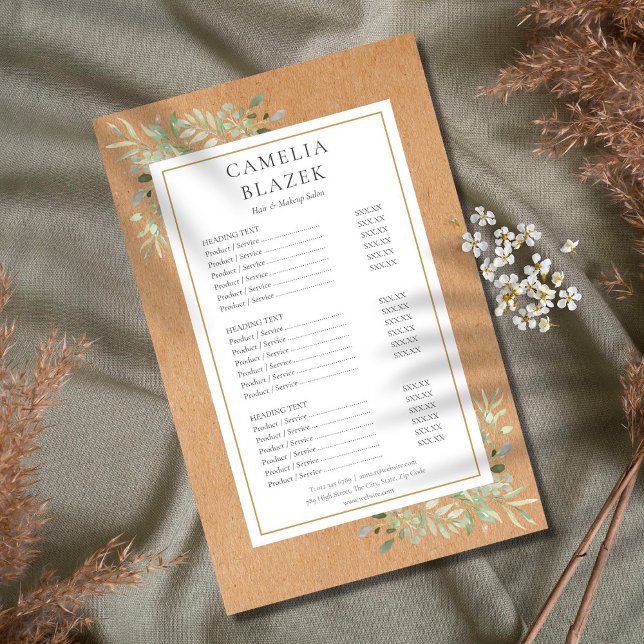 Menu de Serviço de Salão de Verduras Aquarela Rúst (Criador carregado)