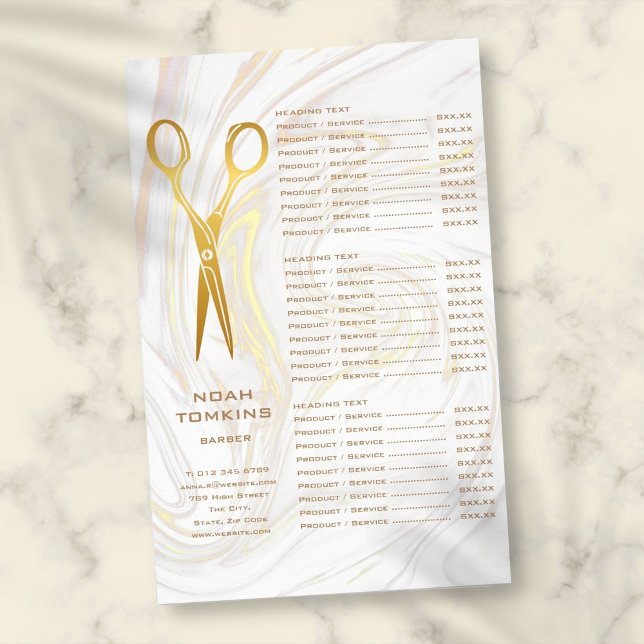 Menu de Serviço de Tesoura de Ouro Mármore (Gold Scissors Barber Marble Service Menu Flyer)