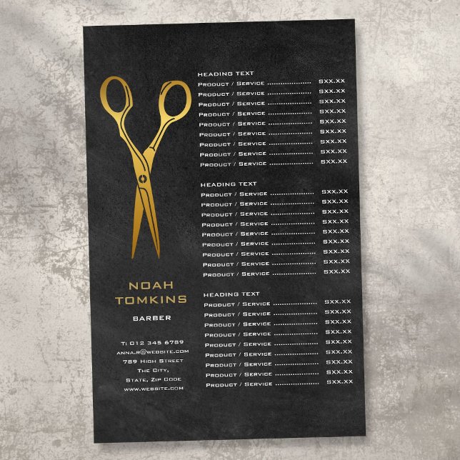 Menu de Serviço de Tesoura Dourada para Barbeiros  (Gold Scissors Barber Chalkboard Service Menu Flyer)