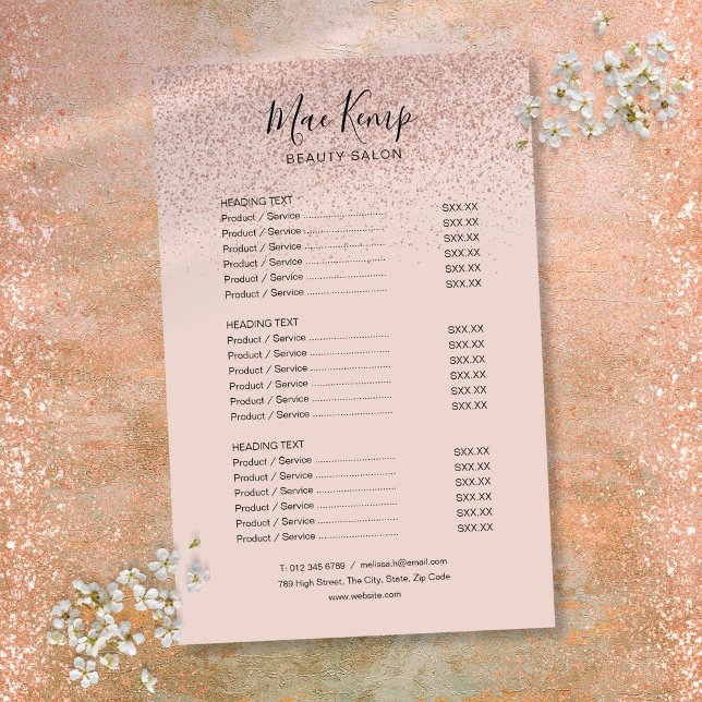 Menu de Serviço do Salão da Glitter Dourado rosa (Rose Gold Glitter Salon Service Menu Flyer)