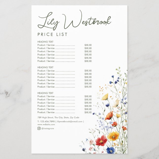 Menu de Serviço Moderno e Elegante de Flor Silvest (Frente)