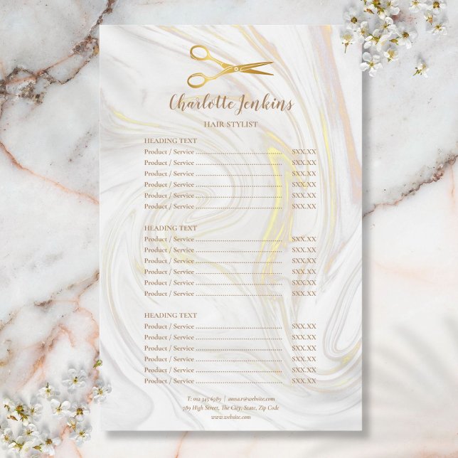 Menu de Serviço Tesoura Dourada de Cabeleireiro (Hairstylist Gold Scissors Marble Service Menu Flyer)