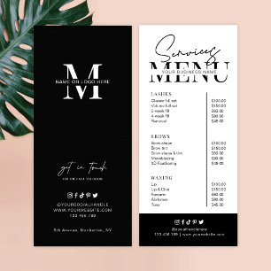 Menu de Serviços de Salão Branco Preto com Script