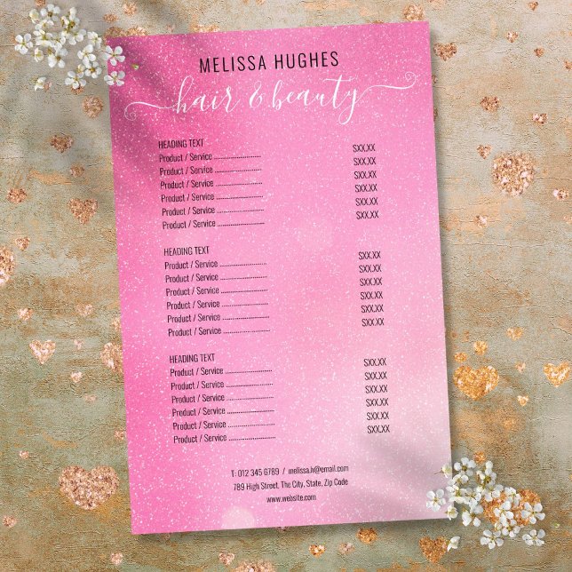 Menu de Serviços de Salão Brilho Brilho Rosa (Pink Glitter Shimmer Salon Service Menu Flyer)