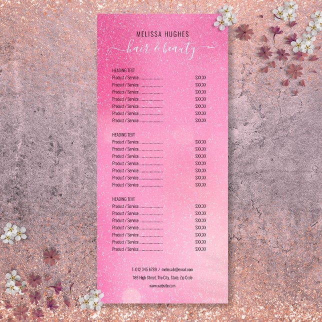 Menu de Serviços de Salão com Brilho de Glitter Ro (Pink Glitter Shimmer Salon Service Menu)