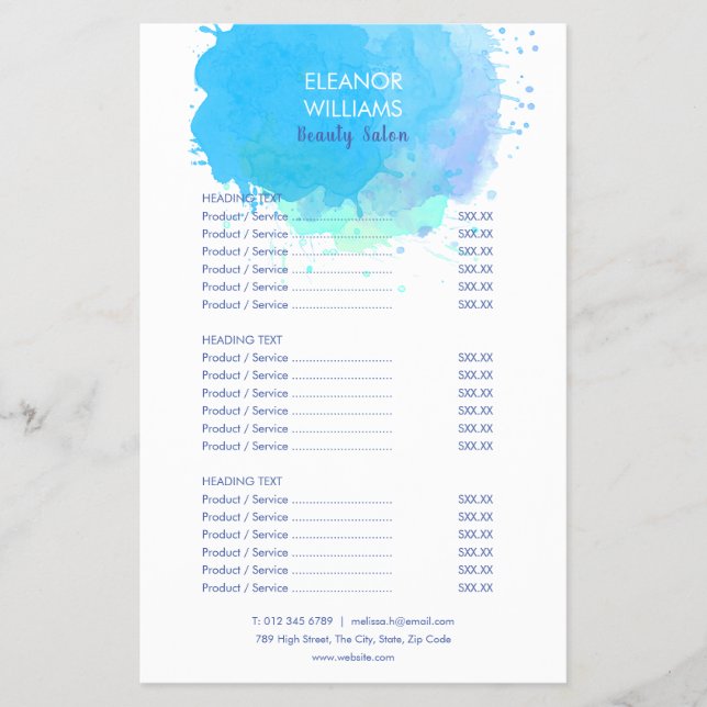 Menu de Serviços de Salão de Splash de Aquarela Az (Frente)
