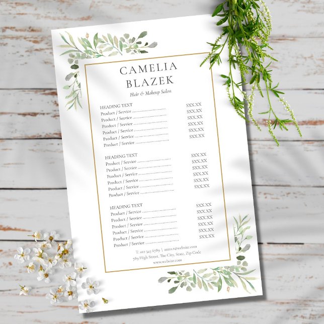 Menu de Serviços de Salão de Verduras Aquarela (Criador carregado)