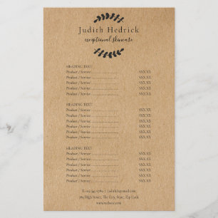 Menu de Serviços de Salão Kraft Rústico Folhas de