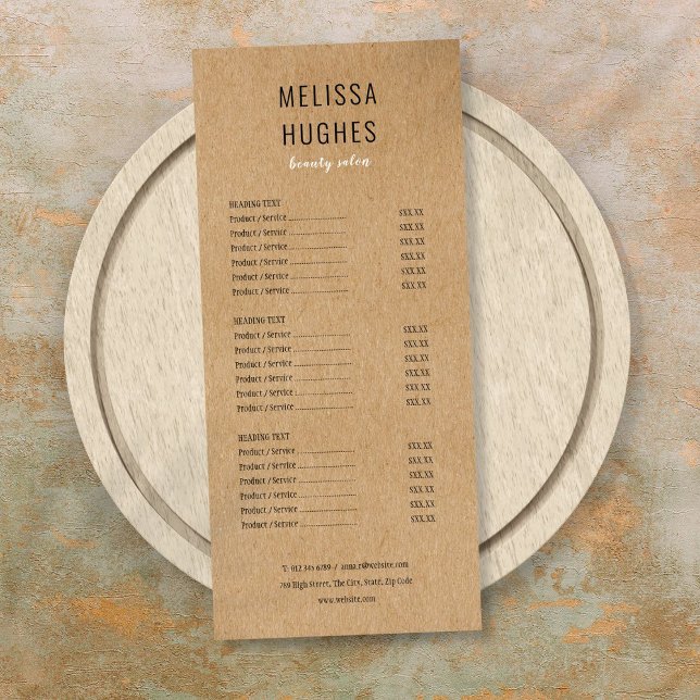 Menu de Serviços de Salão Kraft Rústico Moderno Si (Simple Modern Rustic Kraft Salon Service Menu)