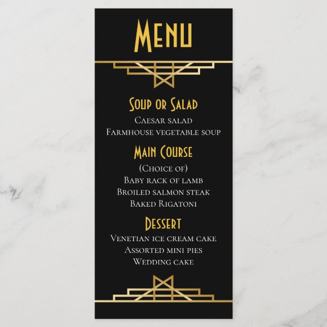 Menu Deco de Arte Gatsby Preto e Festa de casament (Frente)