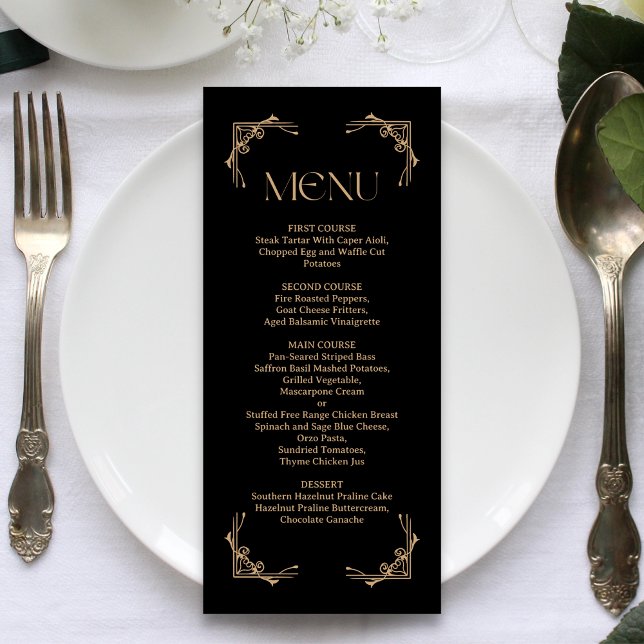Menu Deco Moderno | Casamento Elegante em Preto e Doura (Elegant black and gold wedding menu presents your courses with refined style and ease)