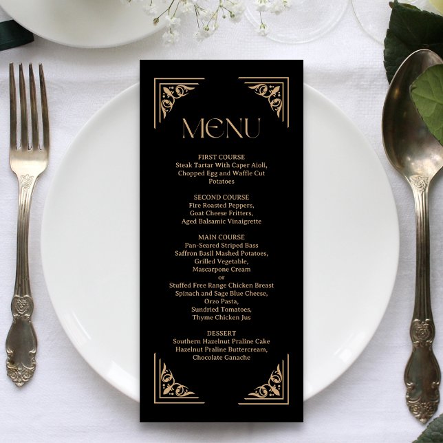 Menu Deco Moderno | Casamento Elegante em Preto e Doura (Elegant black and gold wedding menu highlights your dishes with sleek personalized elegance)
