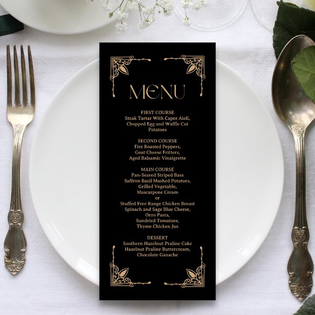 Menu Deco Moderno | Casamento Elegante em Preto e Doura (Modern deco black and gold wedding menu adds elegant style to showcase your reception feast.)