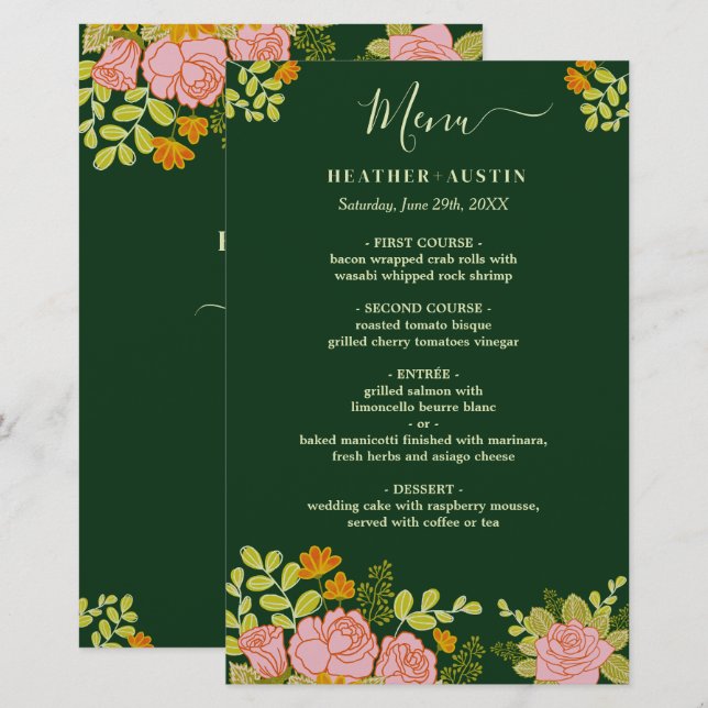 Menu Decor Botânico de Casamento Verde Escuro Flor (Frente/Verso)
