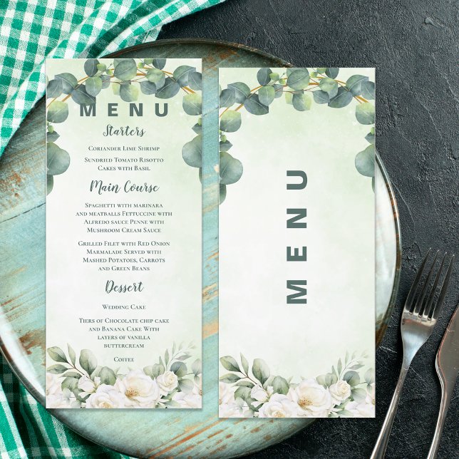 Menu Decoração Botânica de Noite de Casamento Verde Euc (Eucalyptus Green Botanical Wedding Greenery Dinner Menu)