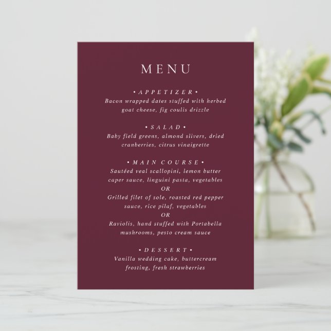 Menu Deep Burgundy Elegant Classic Wedding (Em pé/Frente)