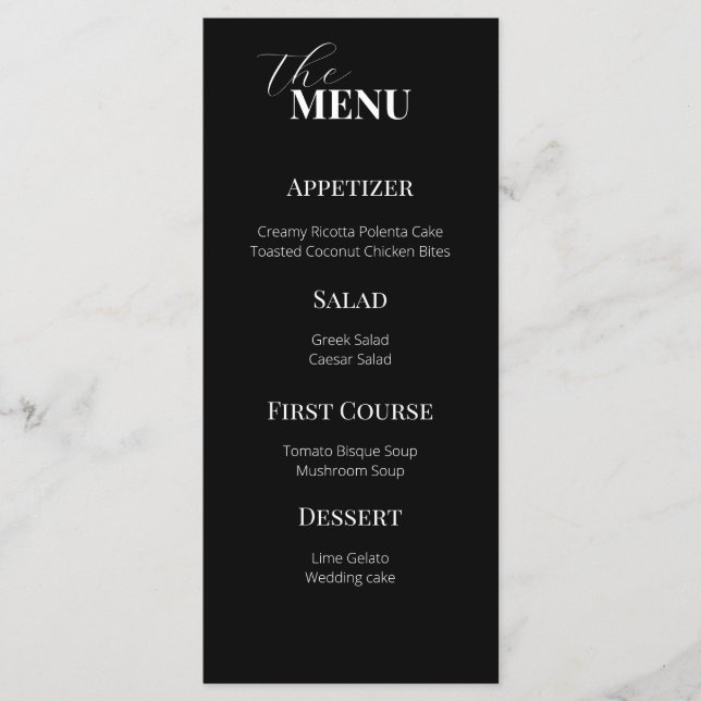 Menu Delicado Casamento Negro e Branco Moderno (Frente)