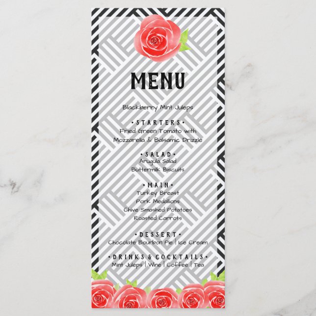 Menu Derby de rosas vermelhas de Black & White Stripes (Frente)
