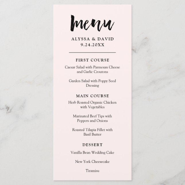 Menu Desejo Moderno | Casamento Cor-de-Rosa Esbranquiça (Frente)