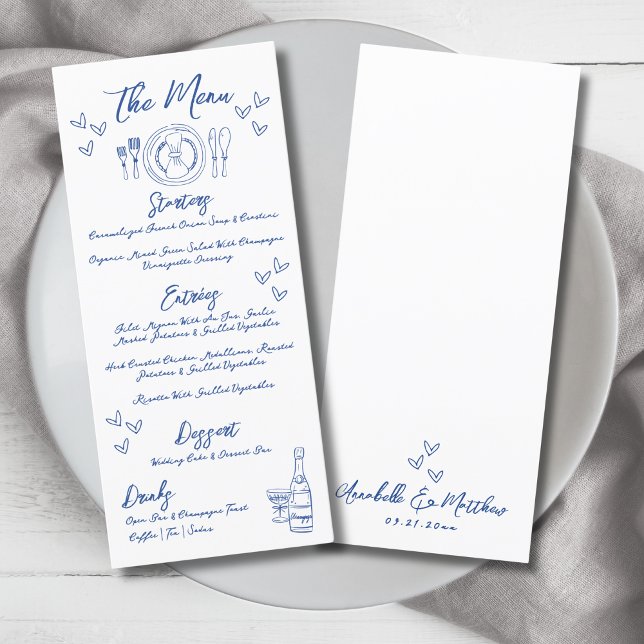 Menu Desenho à Mão Azul Casamento Caprichoso (Hand Draw Blue Whimsical Wedding Menu)