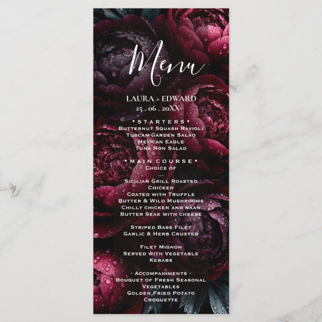Menu desenho de casamento floral borgonha com rico vinh (Frente)