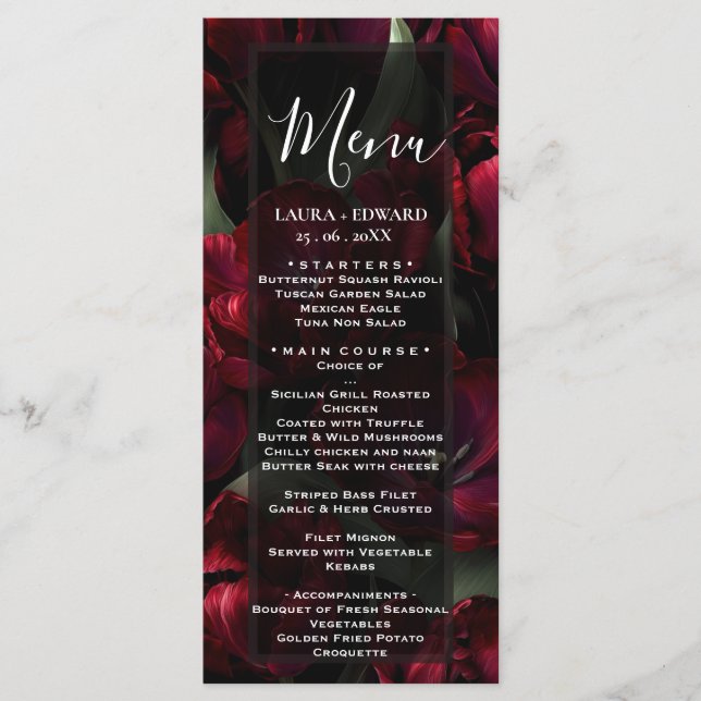 Menu desenho de casamento floral borgonha com rico vinh (Frente)