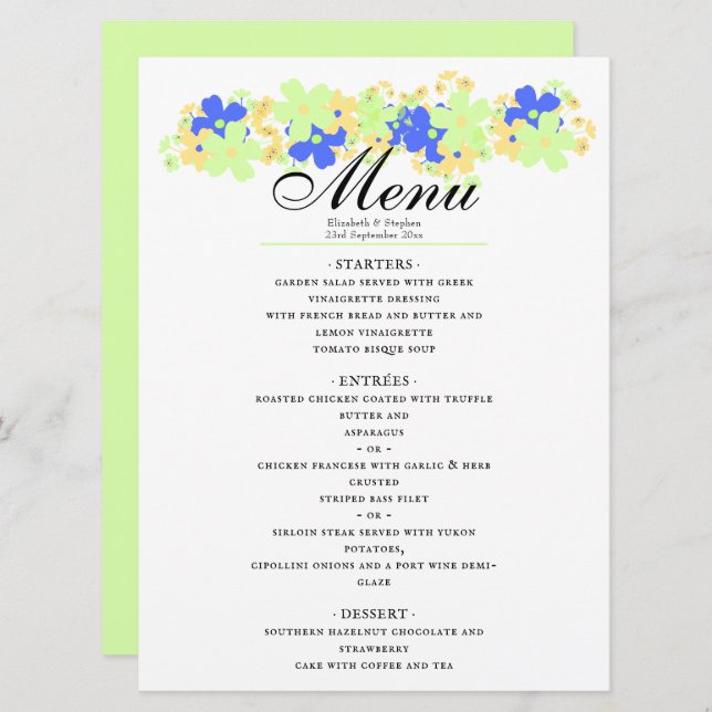 Menu Design floral elegante em azul verde-amarelo (Frente/Verso)