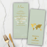 Menu Destino Casamento do World Passport Sage Green Dou<br><div class="desc">Um design de passaporte de casamento de destino verde e dourado com mapa do mundo do ouro, avião e elementos de viagem. Este design é ideal para todos os casamentos de Primavera, Verão, outono e inverno. Um elegante design viagem de casamento verde-sábio e ouro com layout de passaporte, mapa mundial...</div>