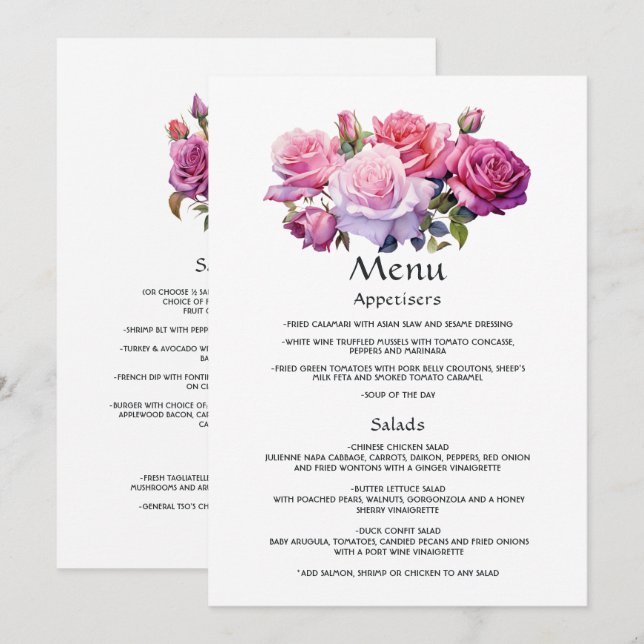 Menu Detalhes do convidado de casamento floral rosa e r (Frente/Verso)