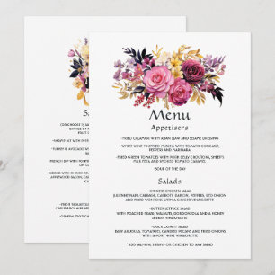 Menu Detalhes do Convidado Floral, Rosa, Roxo, Preto e