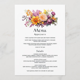 Menu Detalhes do Convidado Floral Roxo, Laranja e Amare