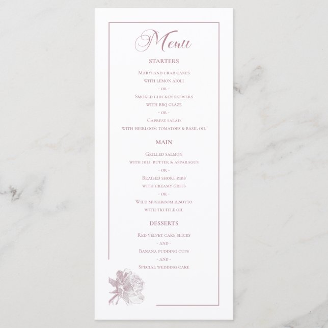 Menu Detalhes do Jantar de Casamento com Rosa em Arte d (Frente)