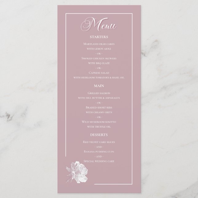 Menu Detalhes do Jantar de Casamento com Rosa em Arte d (Frente)