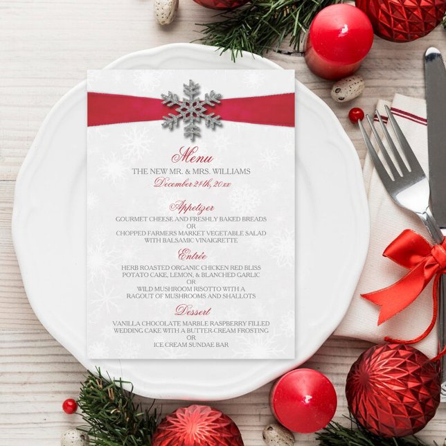 Menu Diamante Snowflake e Casamento no inverno Red Ribb (Criador carregado)