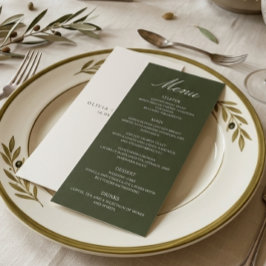 Menu Dinheiro Antigo Verde Oliva Elegante Monograma Cas