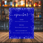 Menu do bar de casamento da brilhante prata azul<br><div class="desc">Um fundo azul real. Decorado com falso brilho prateado,  faíscas. Com o texto: Abrir bar. Personalize e adicione o menu bar. Texto branco.</div>