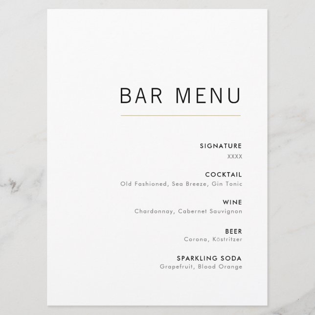 Menu do Bar de Casamento Mínimo Moderno e Dourado (Frente)