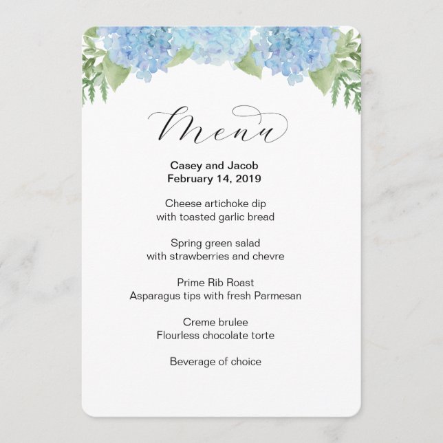Menu do casamento com os hydrangeas florais azuis (Frente)