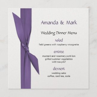 Menu do casamento de prata com fita roxa